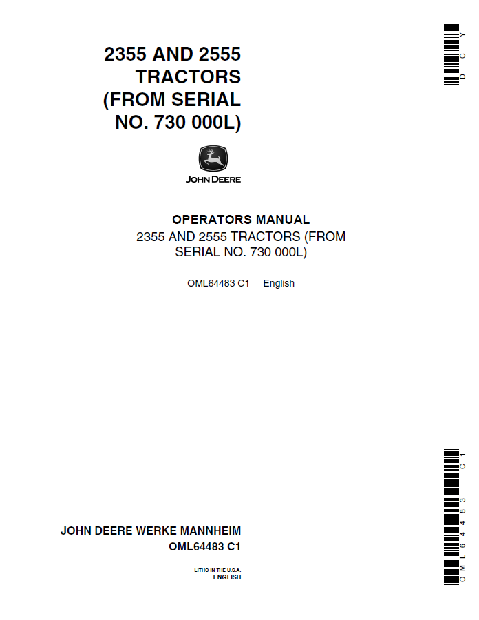John Deere 2355 AND 2555 Tractors Operator Manual OML64483 PDF 