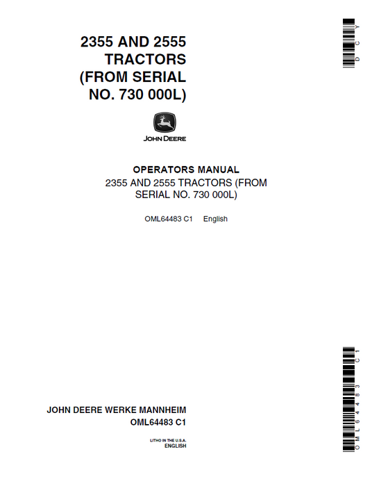 John Deere 2355 AND 2555 Tractors Operator Manual OML64483 PDF 