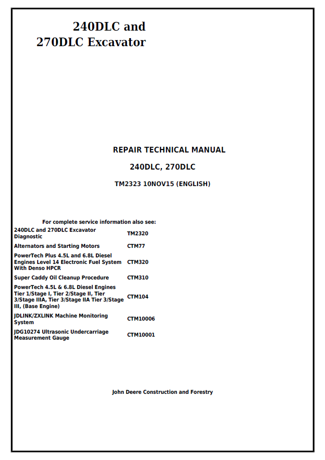 John Deere 240DLC and 270DLC Excavator Repair Technical Manual TM2323 PDF