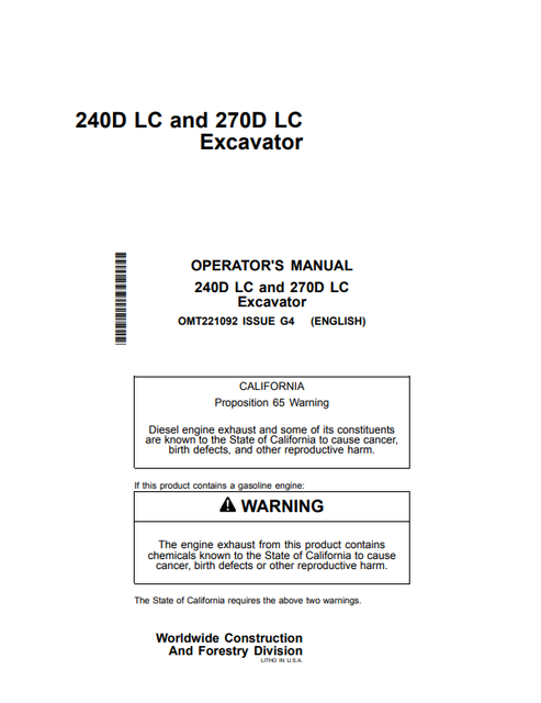 John Deere 240D LC & 270D LC Excavator Operation Manual PDF