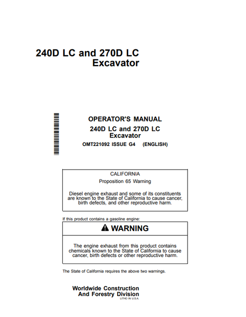 John Deere 240D LC 270D LC Excavator Operator Manual OMT221092