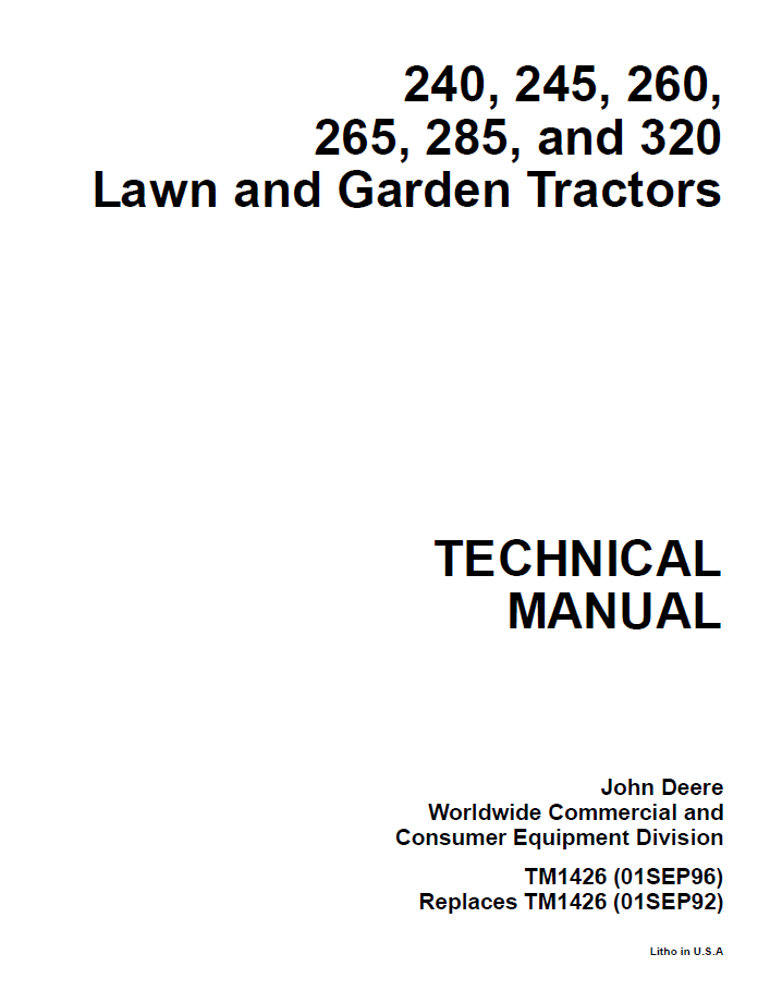John Deere 240, 245, 260, 265, 285, and 320 Lawn and Garden Tractor Technical Manual TM1426 PDF