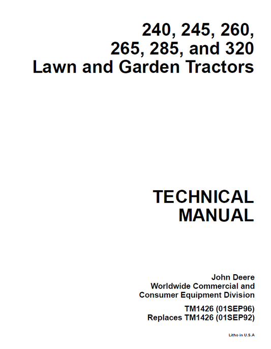 John Deere 240, 245, 260, 265, 285, and 320 Lawn and Garden Tractor Technical Manual TM1426 PDF