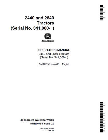 John Deere 2440 2640 Tractor Operator Manual OMR70798