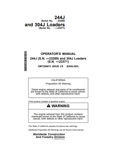 John Deere 244J & 304J Loader Operator Manual OMT209673