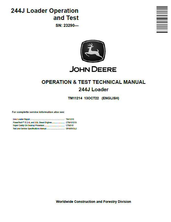 John  Deere 244J Loader Operation and Test Technical Manual TM11214 PDF