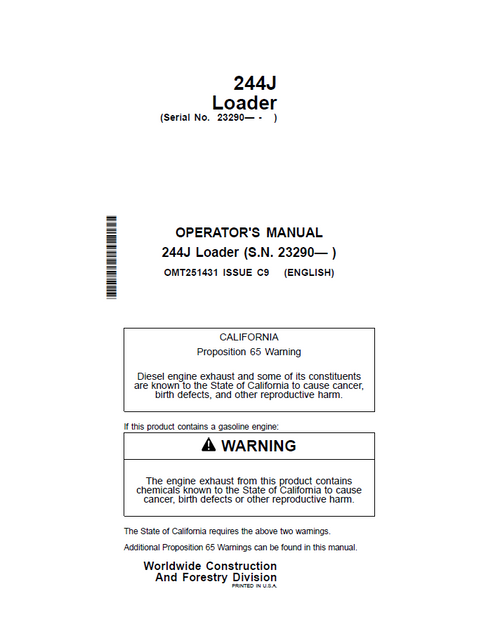 John Deere 244J Loader Operator Manual OMT251431 PDF