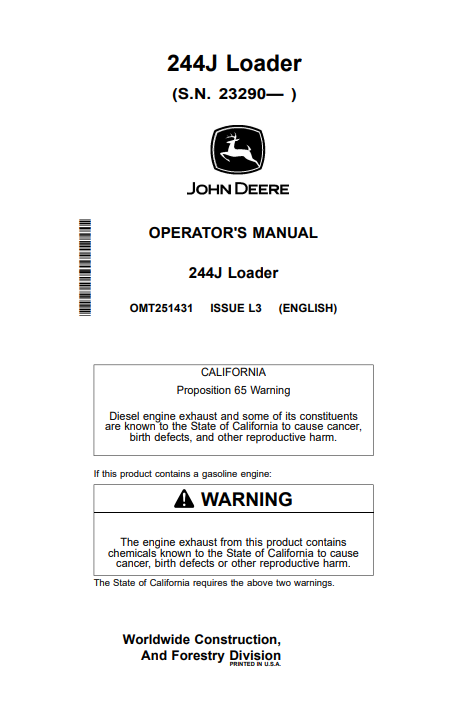 John Deere 244J Loader Operator Manual PDF OMT251431
