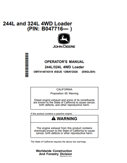John Deere 244L & 324L 4WD Loader Operator Manual OMT414574X19