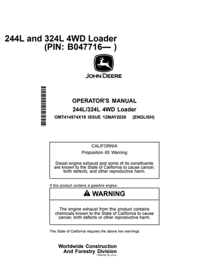 John Deere 244L & 324L 4WD Loader Operator Manual OMT414574X19