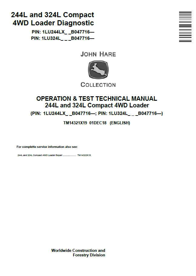 John Deere 244L and 324L Compact 4WD Loader Operation and Test Technical Manual TM14321X19 PDF