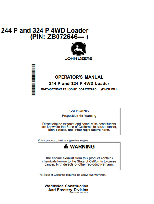 John Deere 244 P & 324 P 4WD Loader Operator Manual OMT487736X019