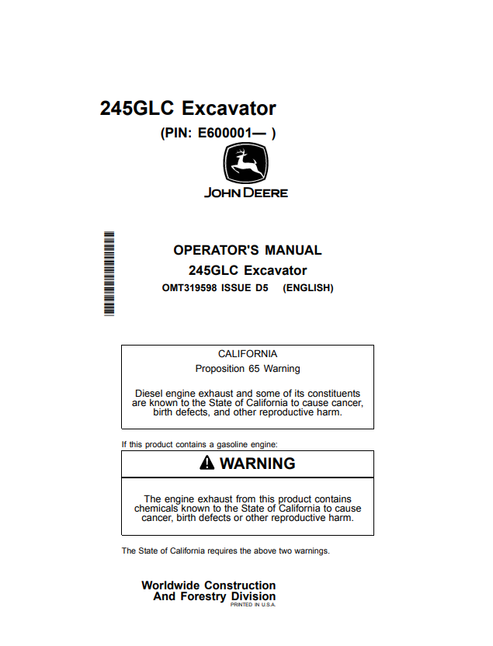 John Deere 245GLC Excavator Operator Manual OMT319598