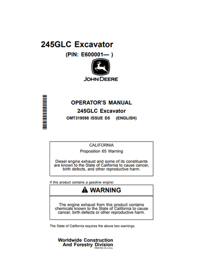 John Deere 245GLC Excavator Operator Manual OMT319598