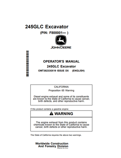 John Deere 245GLC Excavator Operator Manual OMT382335X19