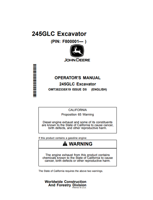 John Deere 245GLC Excavator Operator Manual OMT382335X19
