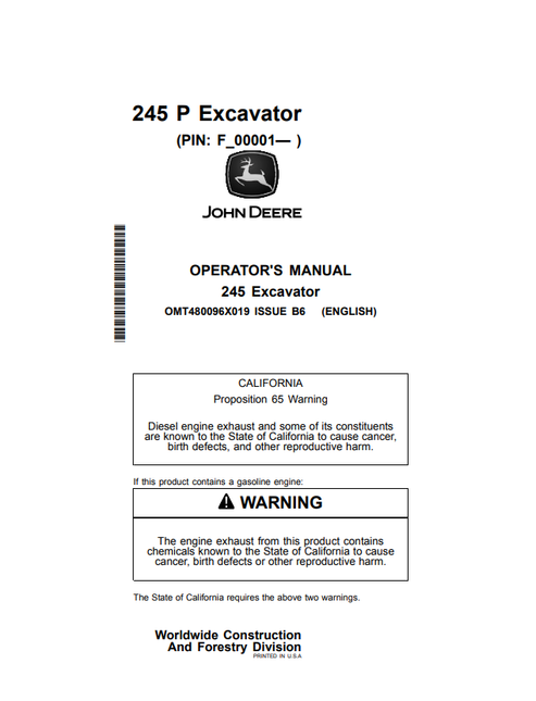 John Deere 245 Excavator Operator & Maintenance Manual OMT480096X019