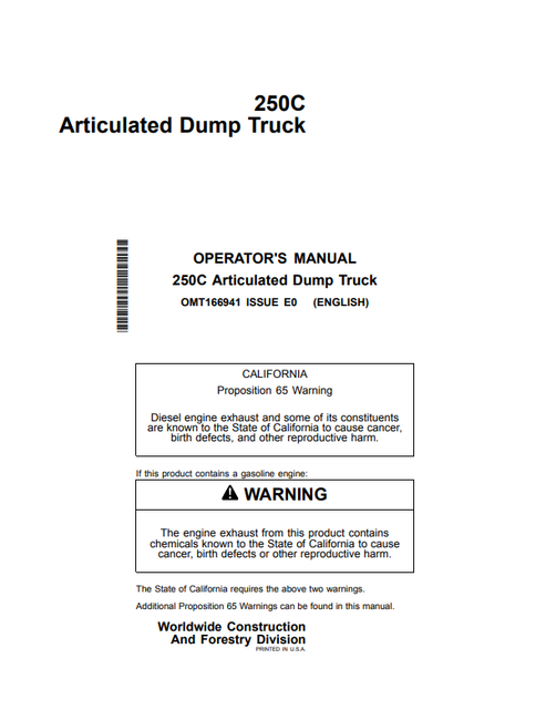 John Deere 250C Articulated Dump Truck Operator Manual