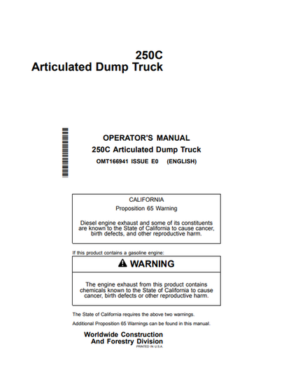 John Deere 250C Articulated Dump Truck Operator Manual