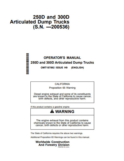 John Deere 250D 300D Articulated Dump Truck Operator Manual