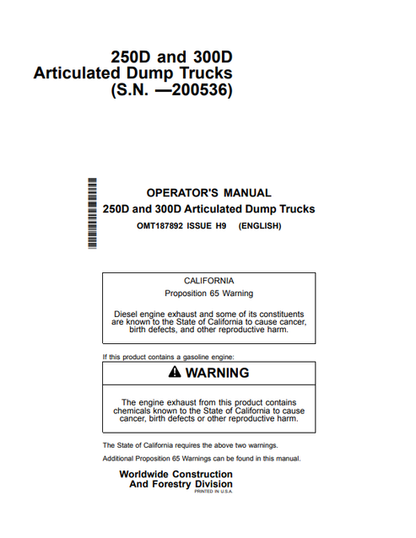 John Deere 250D 300D Articulated Dump Truck Operator Manual