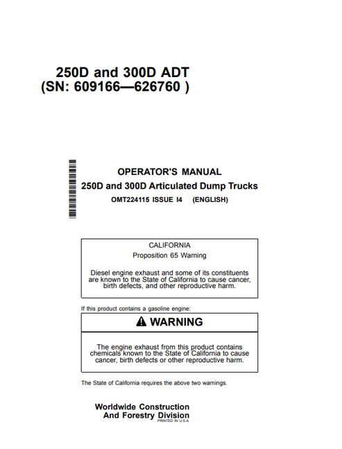 John Deere 250D 300D Articulated Dump Truck Operator Manual