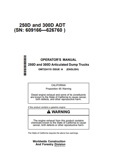 John Deere 250D 300D Articulated Dump Truck Operator Manual