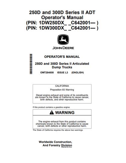 John Deere 250D 300D Series II Articulated Dump Truck Manual