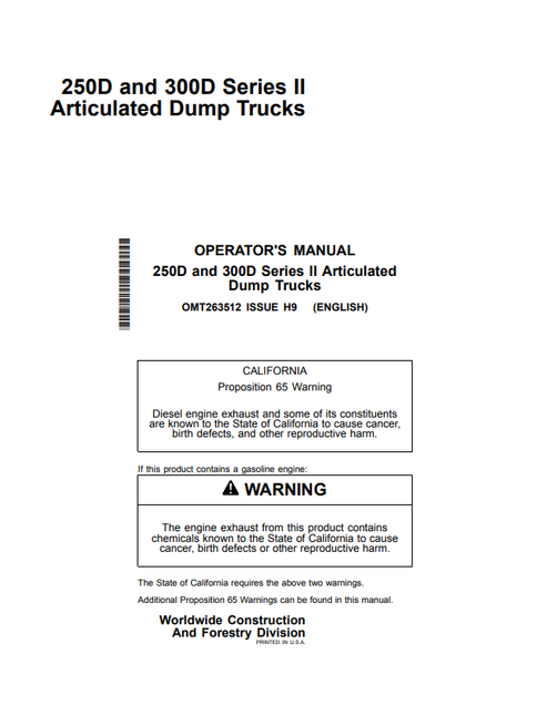John Deere 250D 300D Series II Articulated Dump Truck Operator Manual