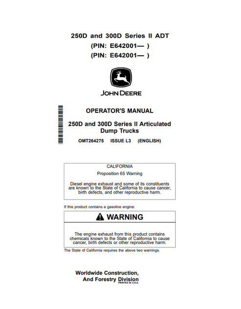 John Deere 250D 300D Series II Articulated Dump Truck Operator Manual