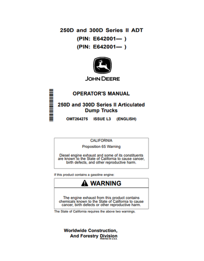 John Deere 250D 300D Series II Articulated Dump Truck Operator Manual