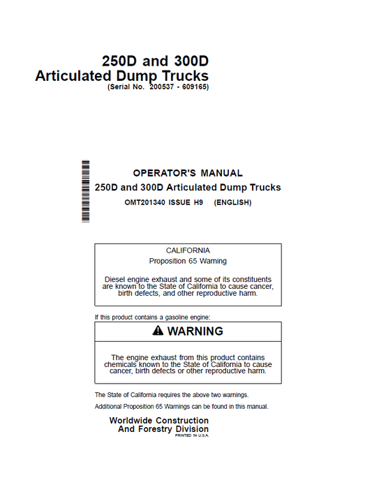 John Deere 250D and 300D Articulated Dump Trucks Operator Manual OMT201340 PDF