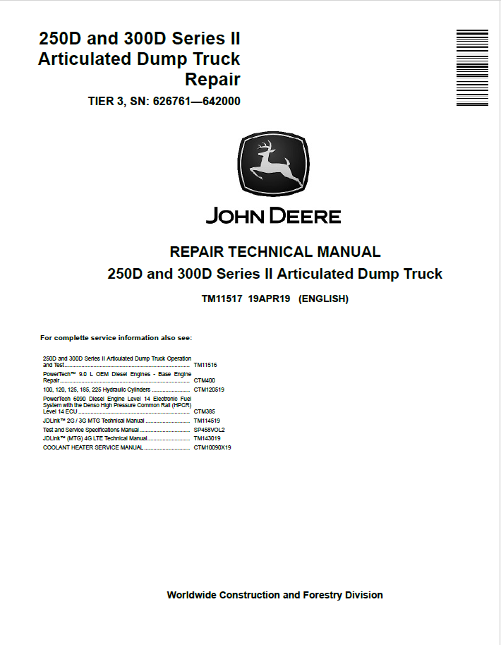 John Deere 250D and 300D Series II Articulated Dump Truck Repair Technical Manual TM11517 PDF