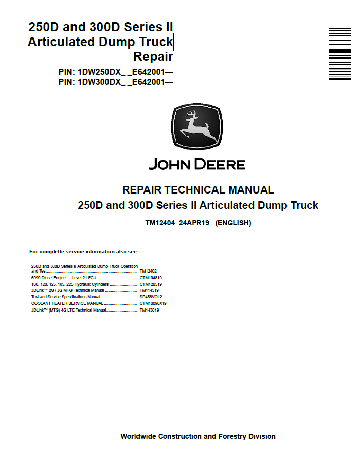 John Deere 250D and 300D Series II Articulated Dump Truck Repair Technical Manual TM12404 PDF