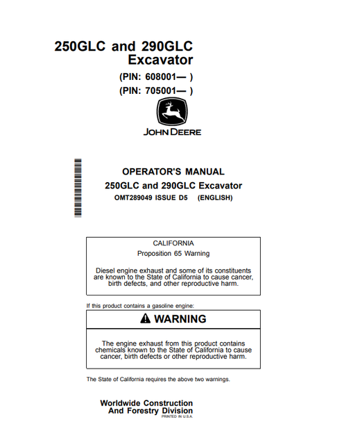 John Deere 250GLC & 290GLC Excavator Operator Manual OMT289049