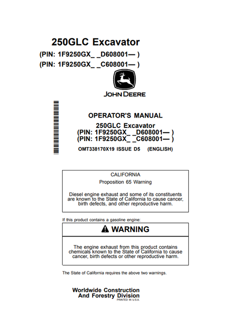 John Deere 250GLC Excavator Operator Manual OMT338170X19
