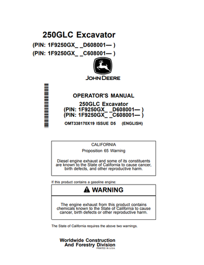 John Deere 250GLC Excavator Operator Manual OMT338170X19