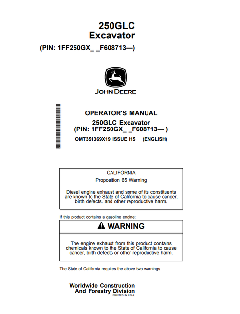 John Deere 250GLC Excavator Operator Manual OMT351369X19