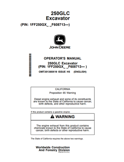 John Deere 250GLC Excavator Operator Manual OMT351369X19