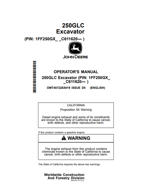 John Deere 250GLC Excavator Operator Manual OMT457226X019