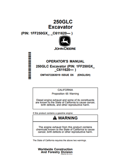 John Deere 250GLC Excavator Operator Manual OMT457226X019
