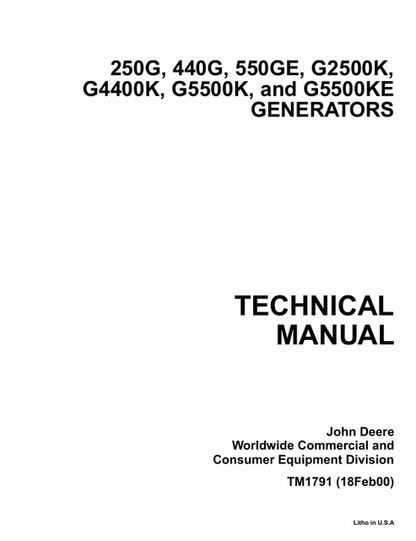 John Deere 250G 440G 550GE G2500K–G5500KE Generator Manual TM1791