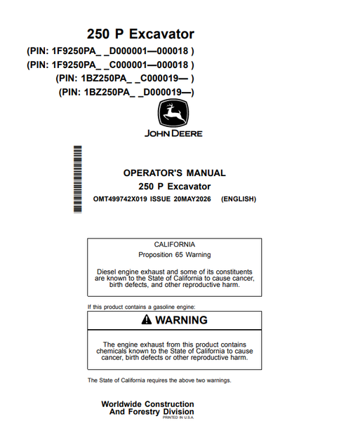 John Deere 250 P Excavator Operator Manual OMT499742X019 PDF
