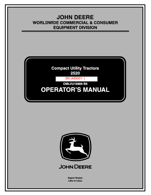 John Deere 2520 Compact Utility Tractor Operator Manual OMLVU19989