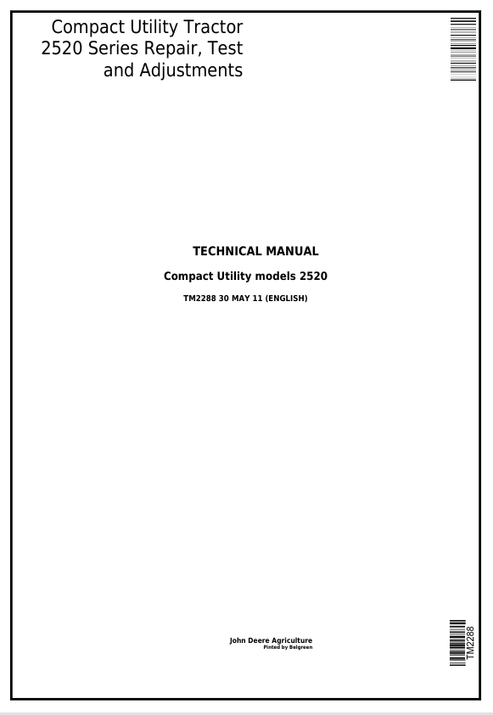 John Deere 2520 Compact Utility Tractor Repair Test Adjustments Manual TM2288