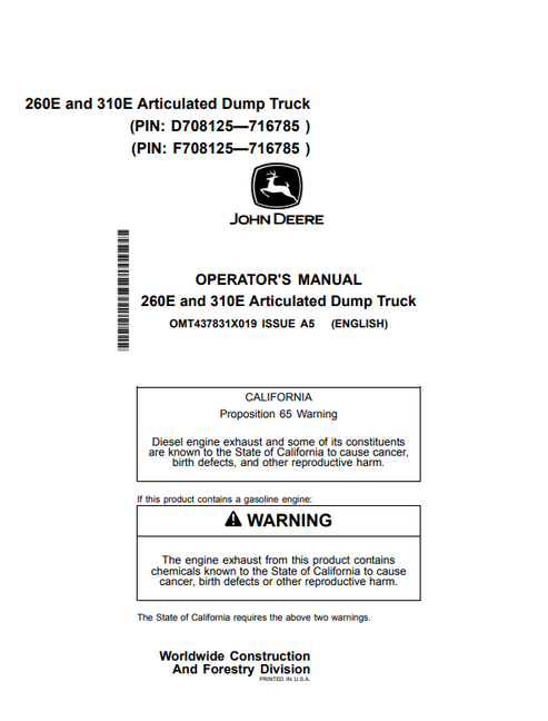 John Deere 260E 310E Articulated Dump Truck Operator Manual