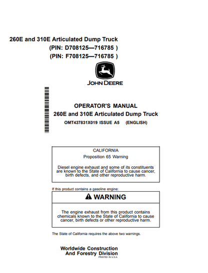 John Deere 260E 310E Articulated Dump Truck Operator Manual