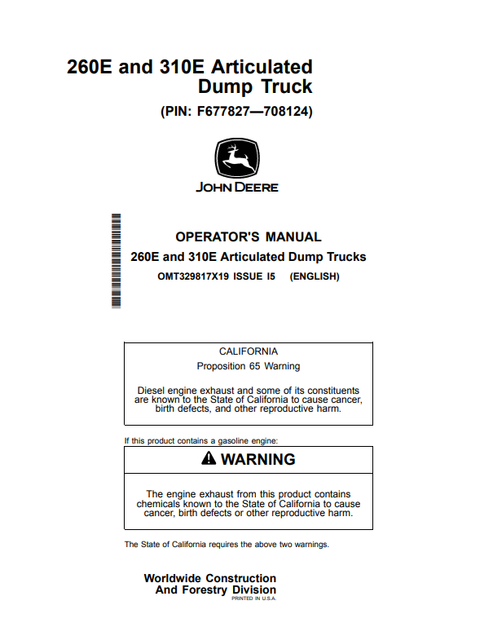John Deere 260E & 310E Articulated Dump Truck Operator Manual