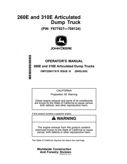 John Deere 260E & 310E Articulated Dump Truck Operator Manual