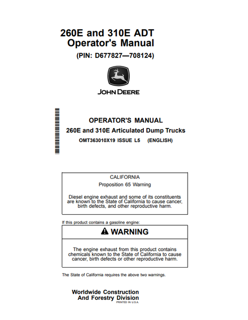 John Deere 260E & 310E Articulated Dump Truck Operator Manual